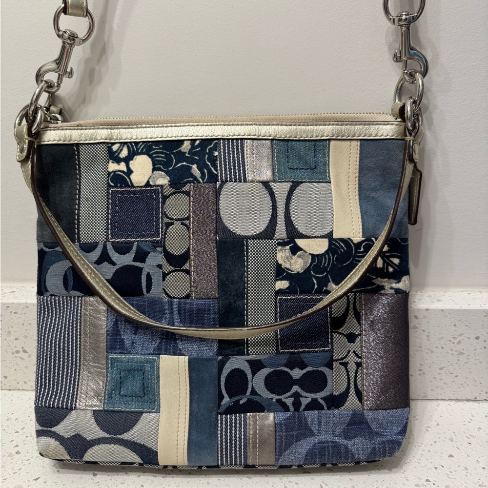 Coach Denim Patchwork Crossbody Purse Bag Y2K Hobo Metallic Silver